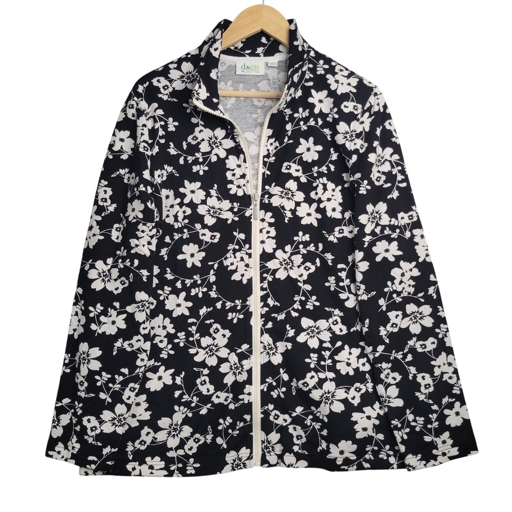 d & co Active Women's Floral Print‎ Full Zip Jacket Black White Sz L Athleisure